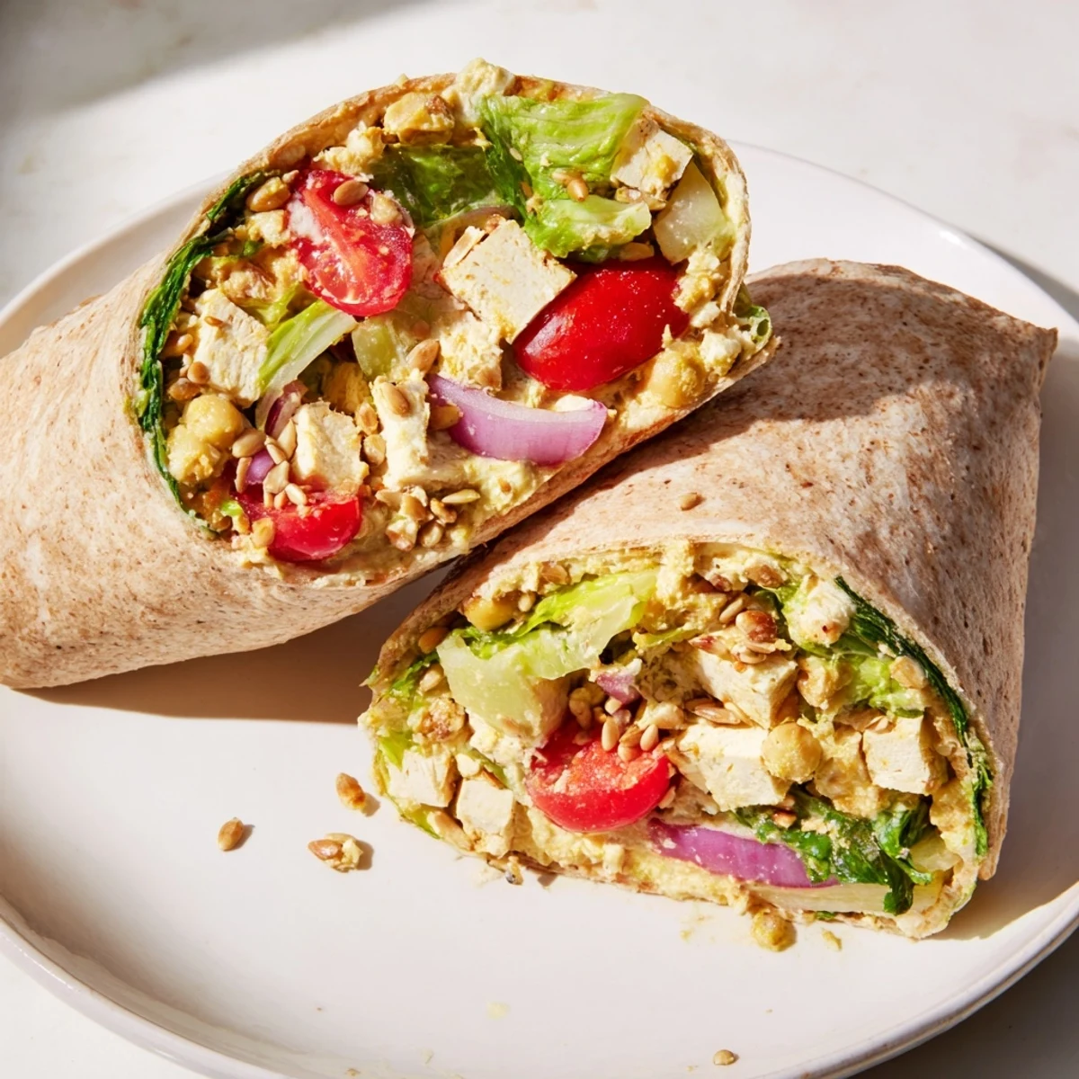 High-Protein Chicken-less Caesar Wrap, ready to eat, featuring a colorful filling bursting from the wrap.
