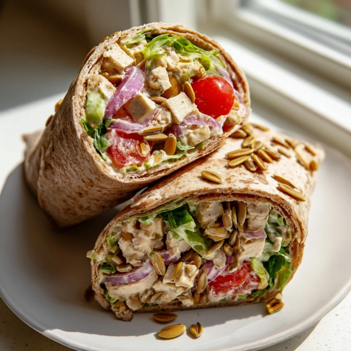 Close-up of a perfectly rolled High-Protein Chicken-less Caesar Wrap, showing the creamy Caesar dressing and fresh ingredients.