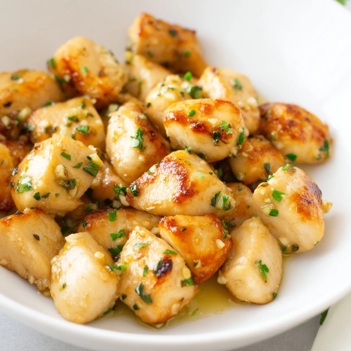 Golden-brown garlic butter chicken bites, sizzling in a pan, ready for serving with parsley.