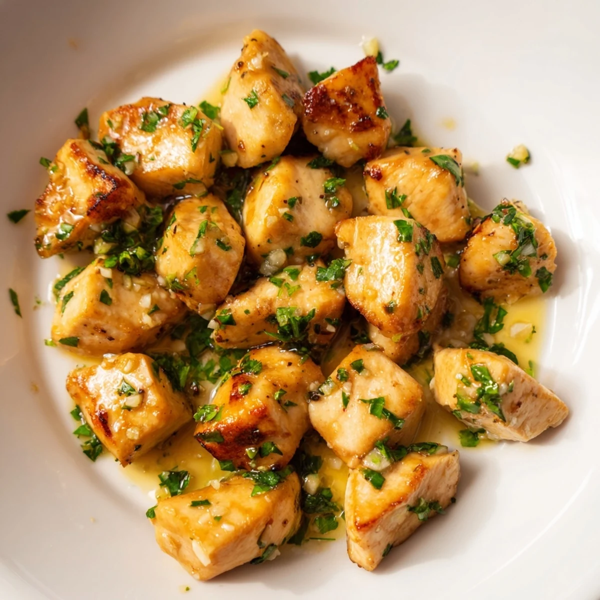 Close-up of savory garlic butter chicken bites; imagine the delicious, garlicky aroma filling the room.