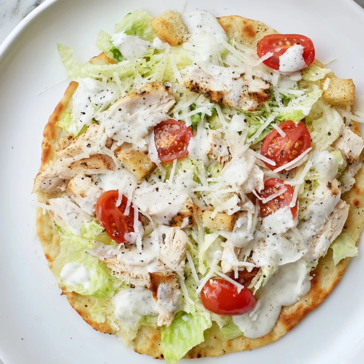 Golden, crispy Chicken Caesar Flatbread, showcasing grilled chicken, tomatoes, and Parmesan cheese.