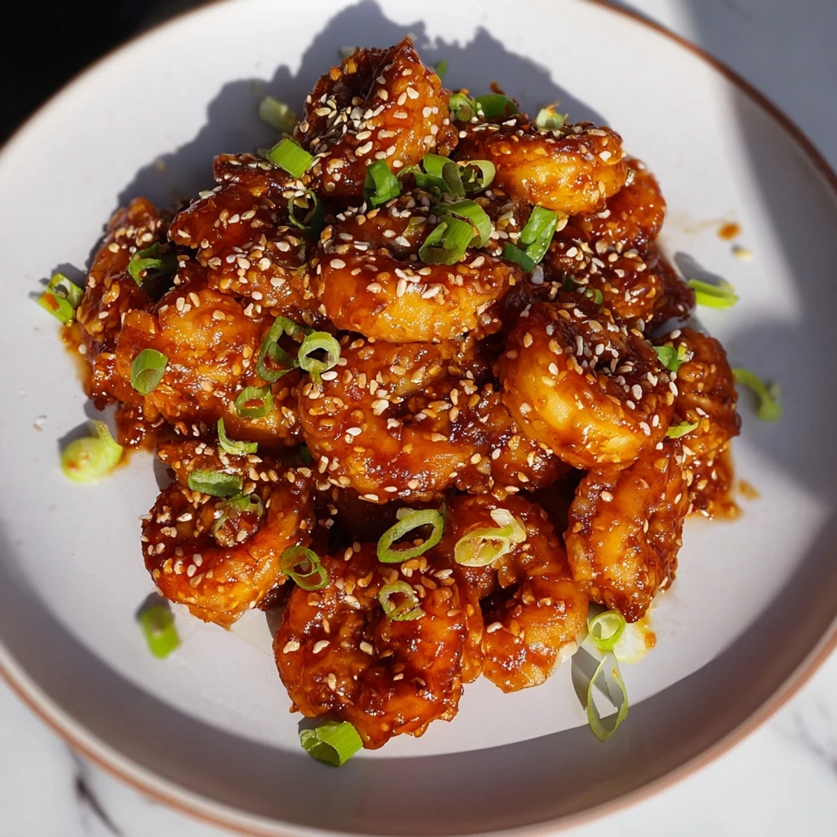 Sizzling honey garlic shrimp glistening with a sweet, savory glaze, ready to serve over rice.
