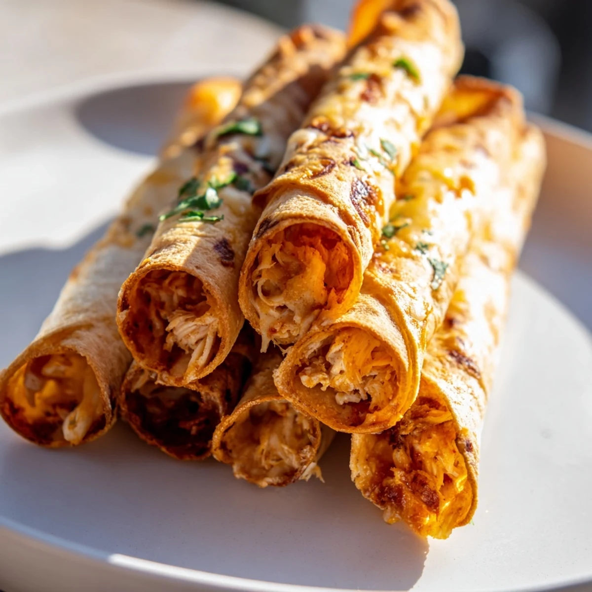 Air fryer taquitos: golden, crunchy tortillas containing a delightful chicken and cheese filling, awaiting toppings.