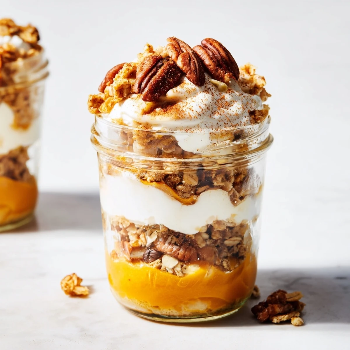 Golden granola crowns a beautiful autumn-themed Pumpkin Yogurt Parfait ready to enjoy.