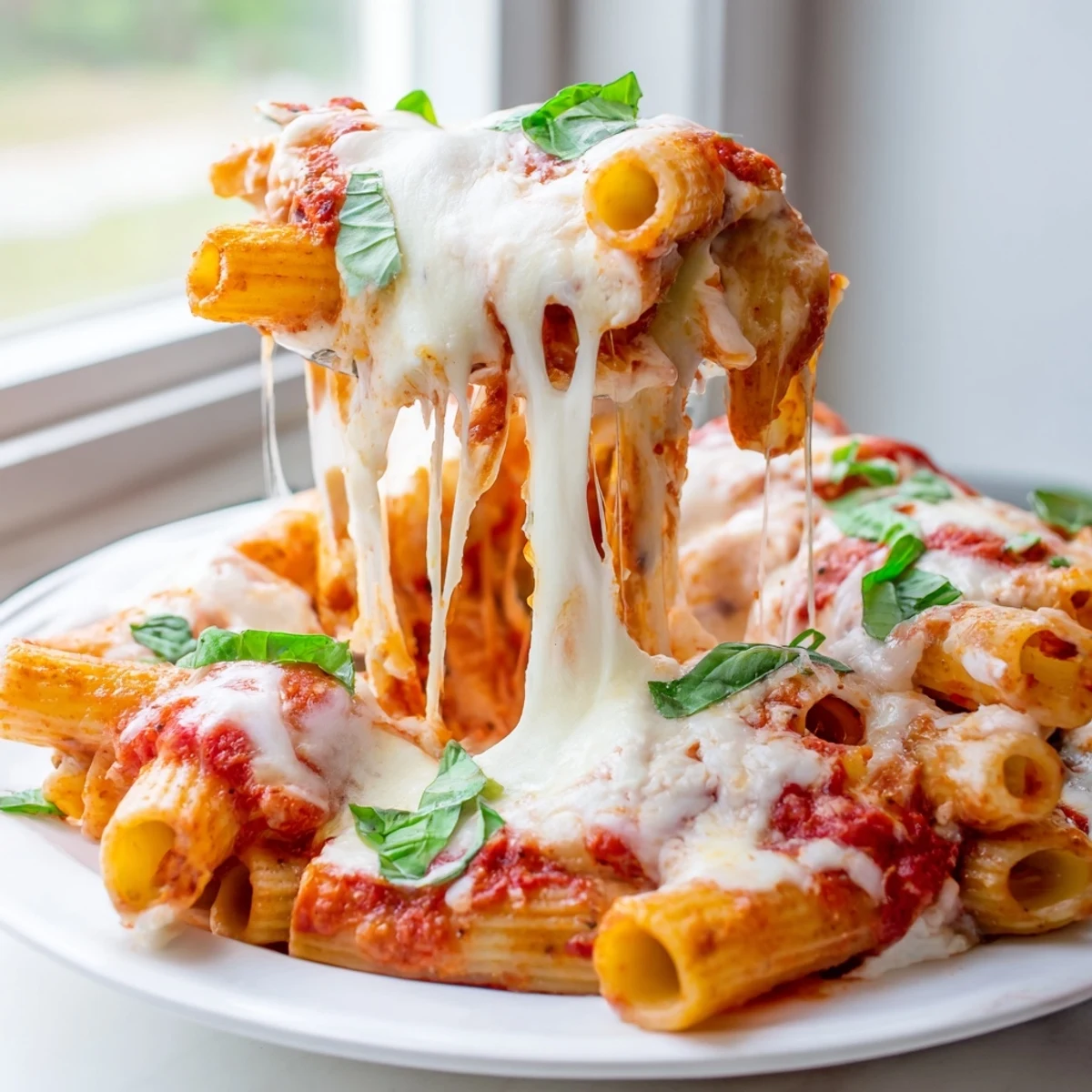 Golden, bubbly cheesy baked ziti fresh from the oven, offering a delicious, comforting aroma.