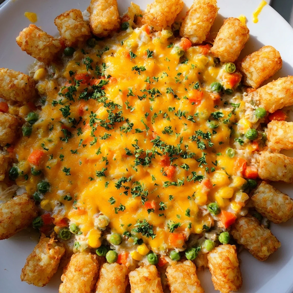 Golden, crispy tater tots crown a steaming, creamy Crispy Tater Tot Casserole in a baking dish.