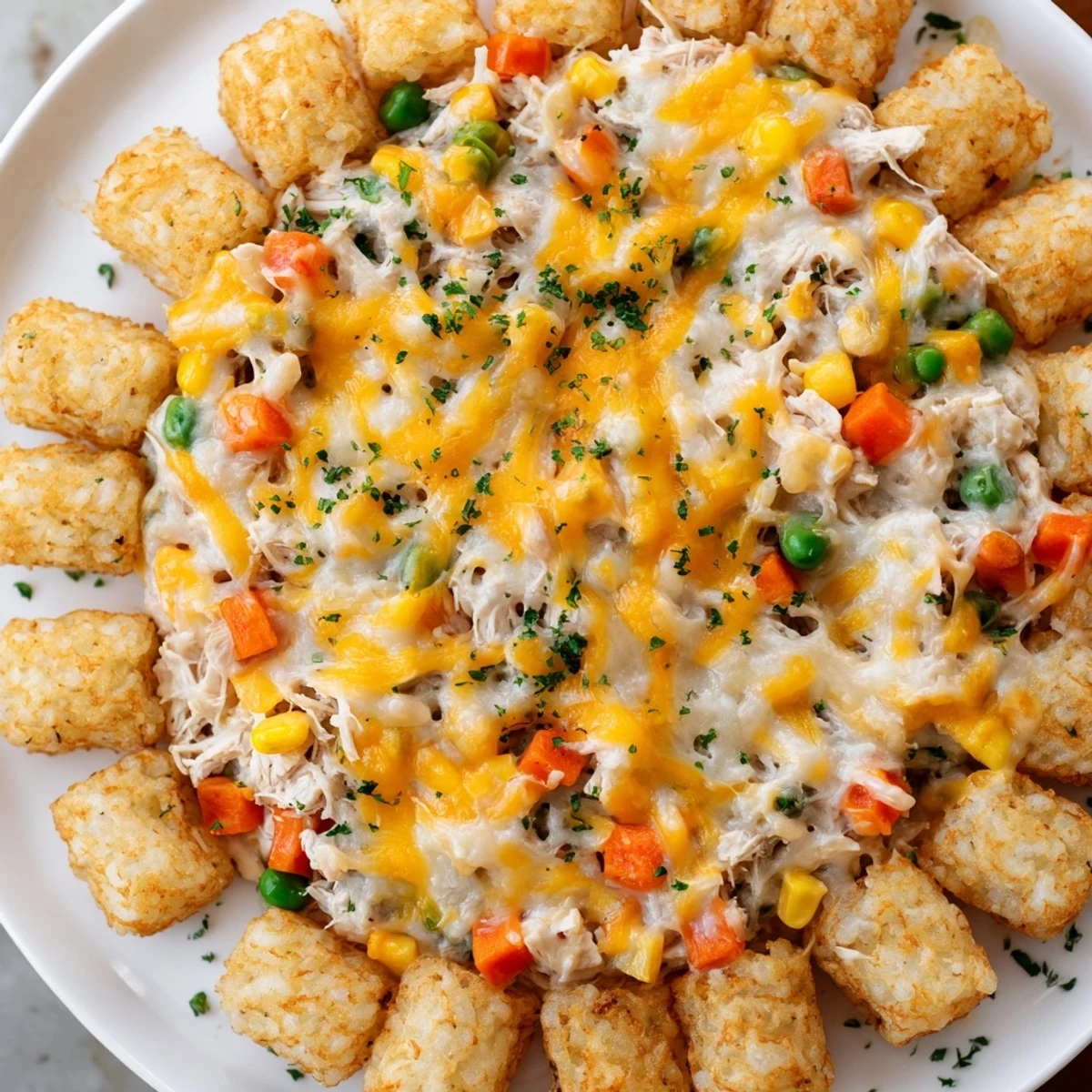 This savory Crispy Tater Tot Casserole features a bubbly cheese topping with cooked chicken and vegetables.