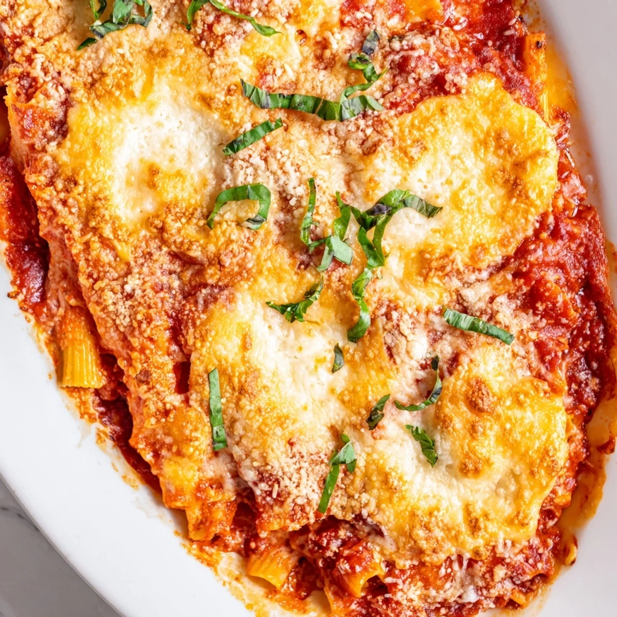 Golden, bubbly Four Cheese Baked Pasta, a cheesy Italian-American comfort food casserole.