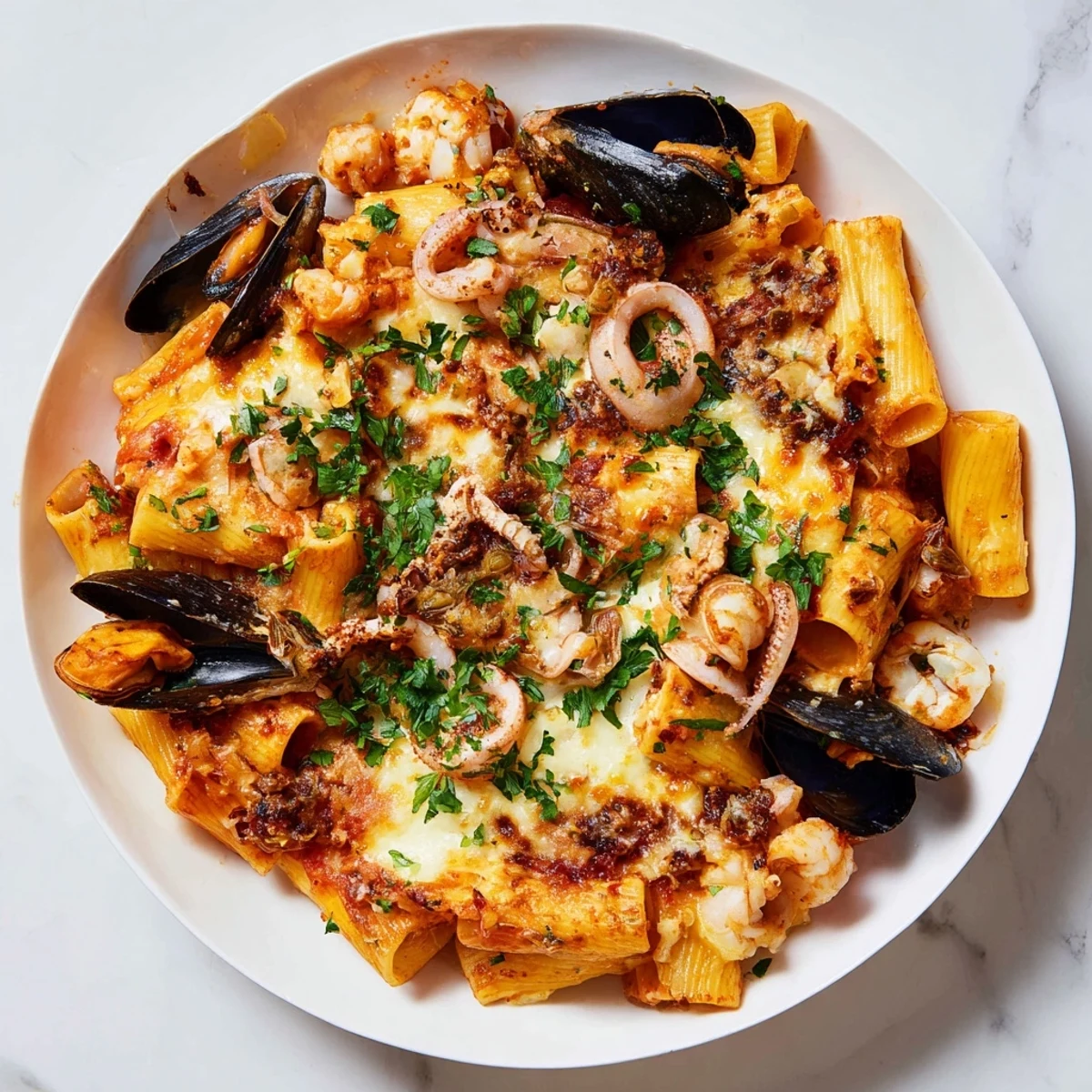 Golden-brown Seafood Pasta Bake bubbling hot, with melted cheese and fresh parsley sprigs.
