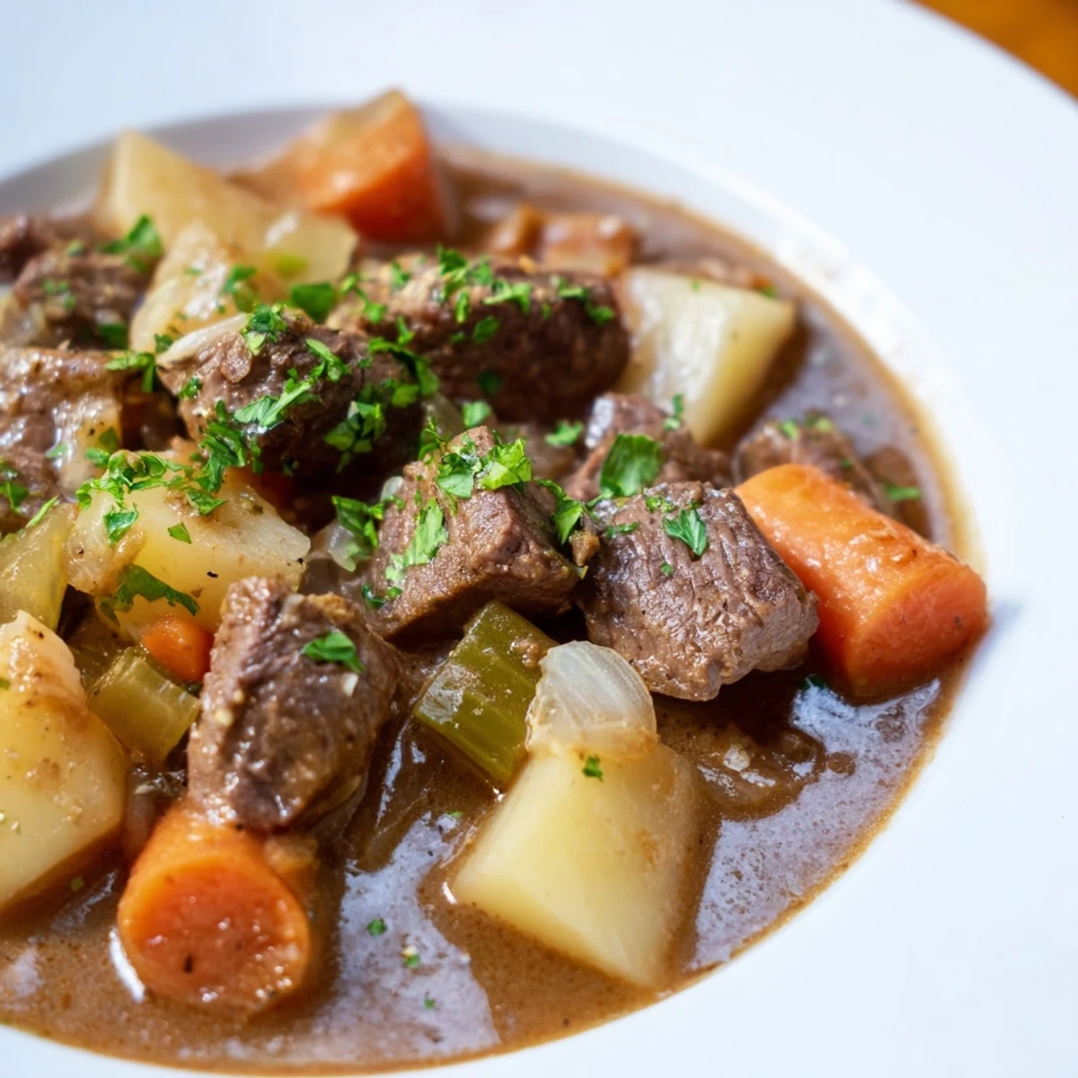 Hearty, slow-cooked Irish beef stew, showcasing chunks of beef and vibrant carrot slices.