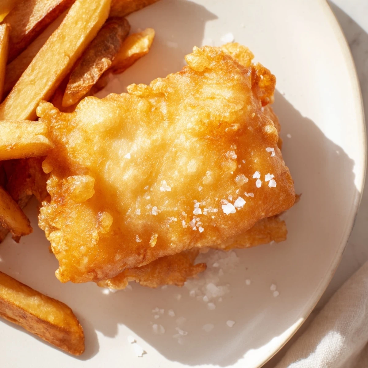 Golden, crispy British Fish & Chips, imagine flaky white fish with perfectly fried, thick chips and malt vinegar.