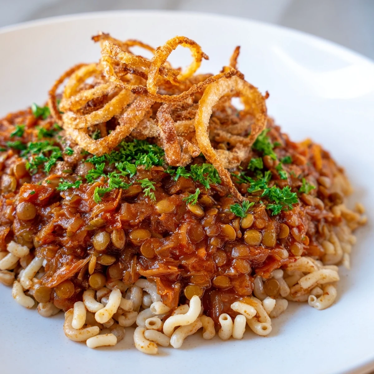 Golden, crispy onions top a vibrant bowl of Egyptian Koshari, a flavorful vegan dish.