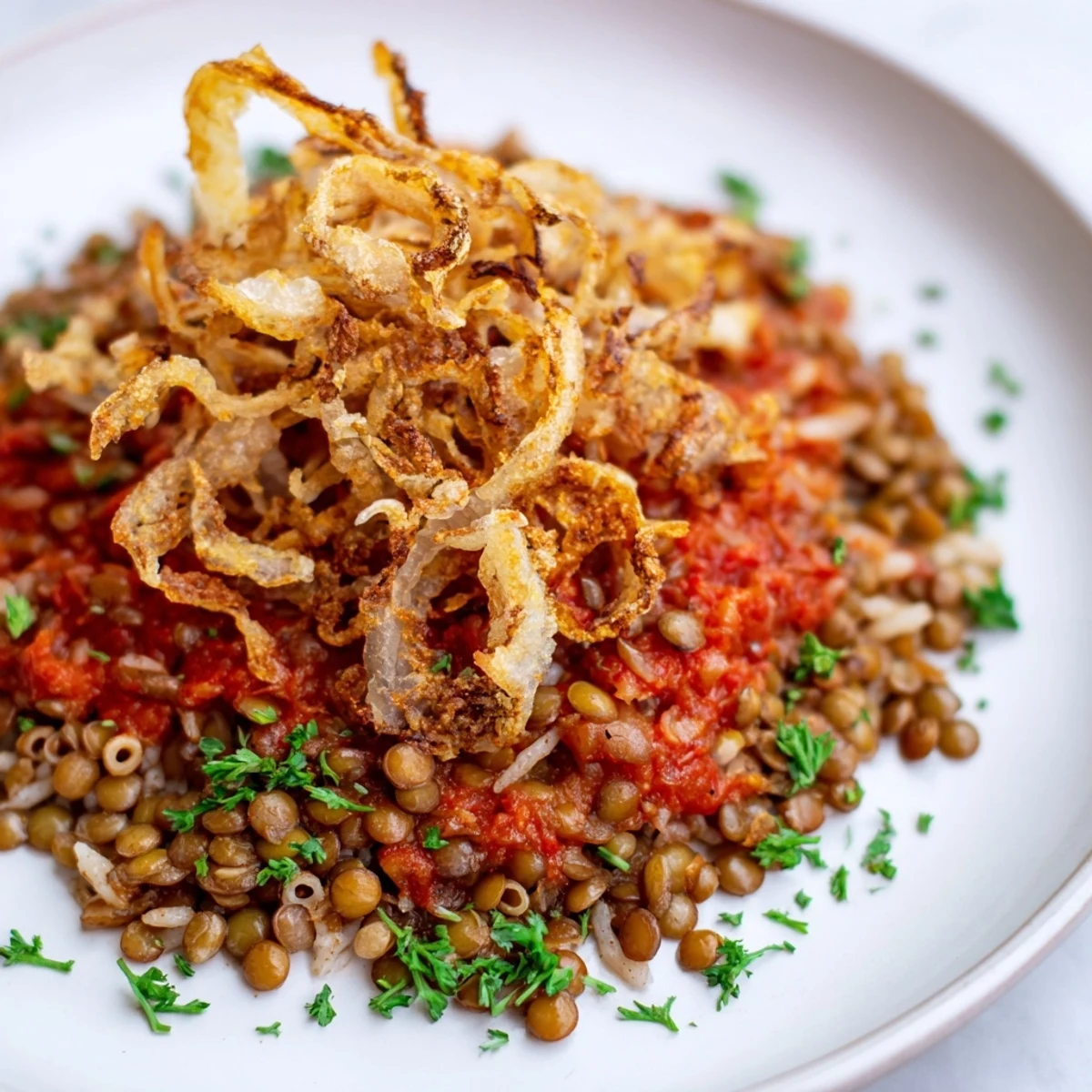 A close-up of a steaming portion of Koshari, overflowing with sauce and garnishes, ready to eat.
