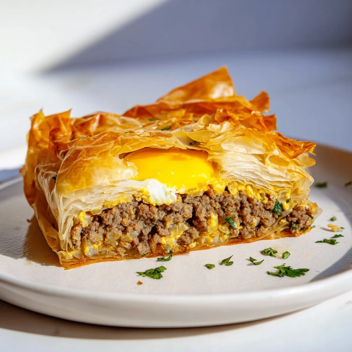 Freshly made Tunisian brik: phyllo pastry with a warm, spiced meat filling, ready to enjoy.