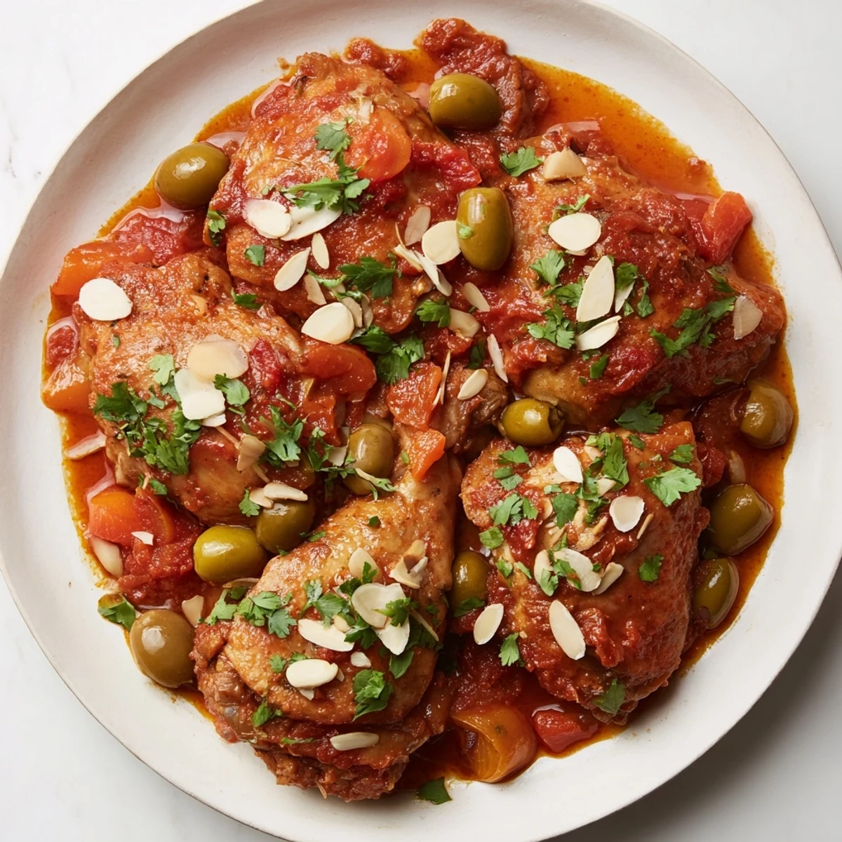 Golden light catches a steaming Moroccan Tagine Chicken, garnished with fresh cilantro and toasted almonds.