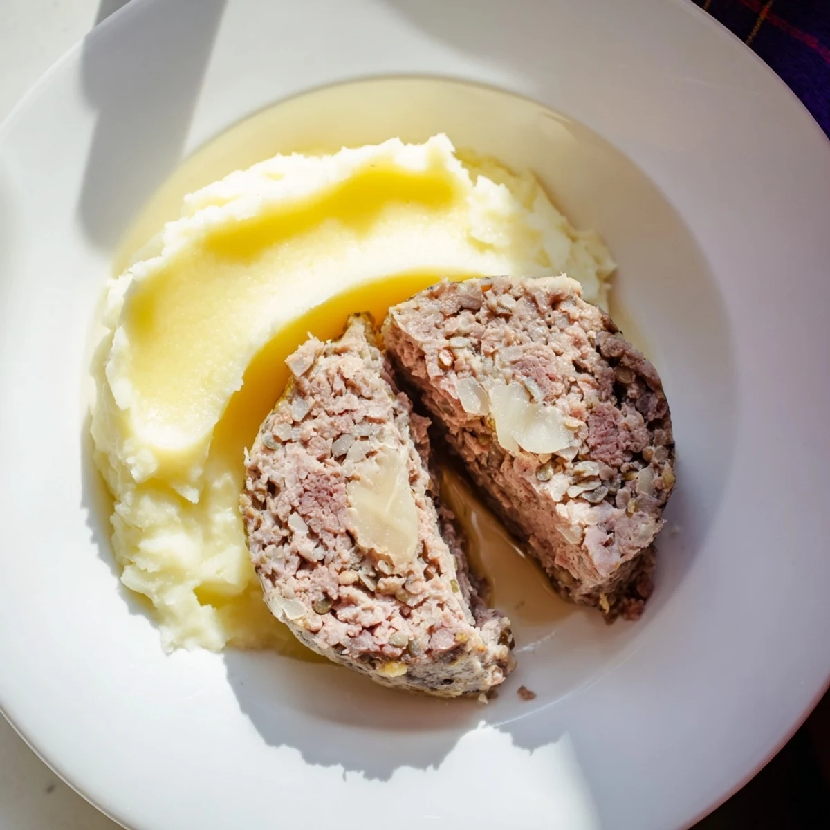 Steaming Scottish haggis, savory and spiced, served with creamy mashed neeps and tatties.