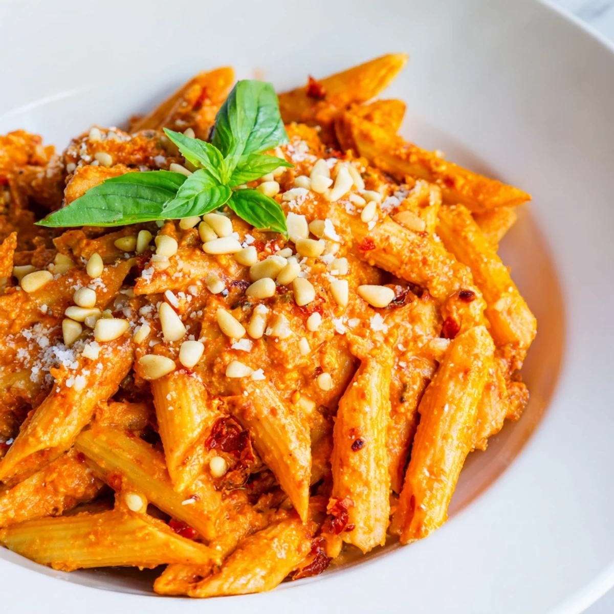 Steaming plate of sun-dried tomato pesto pasta, a rich and vibrant Italian dinner.
