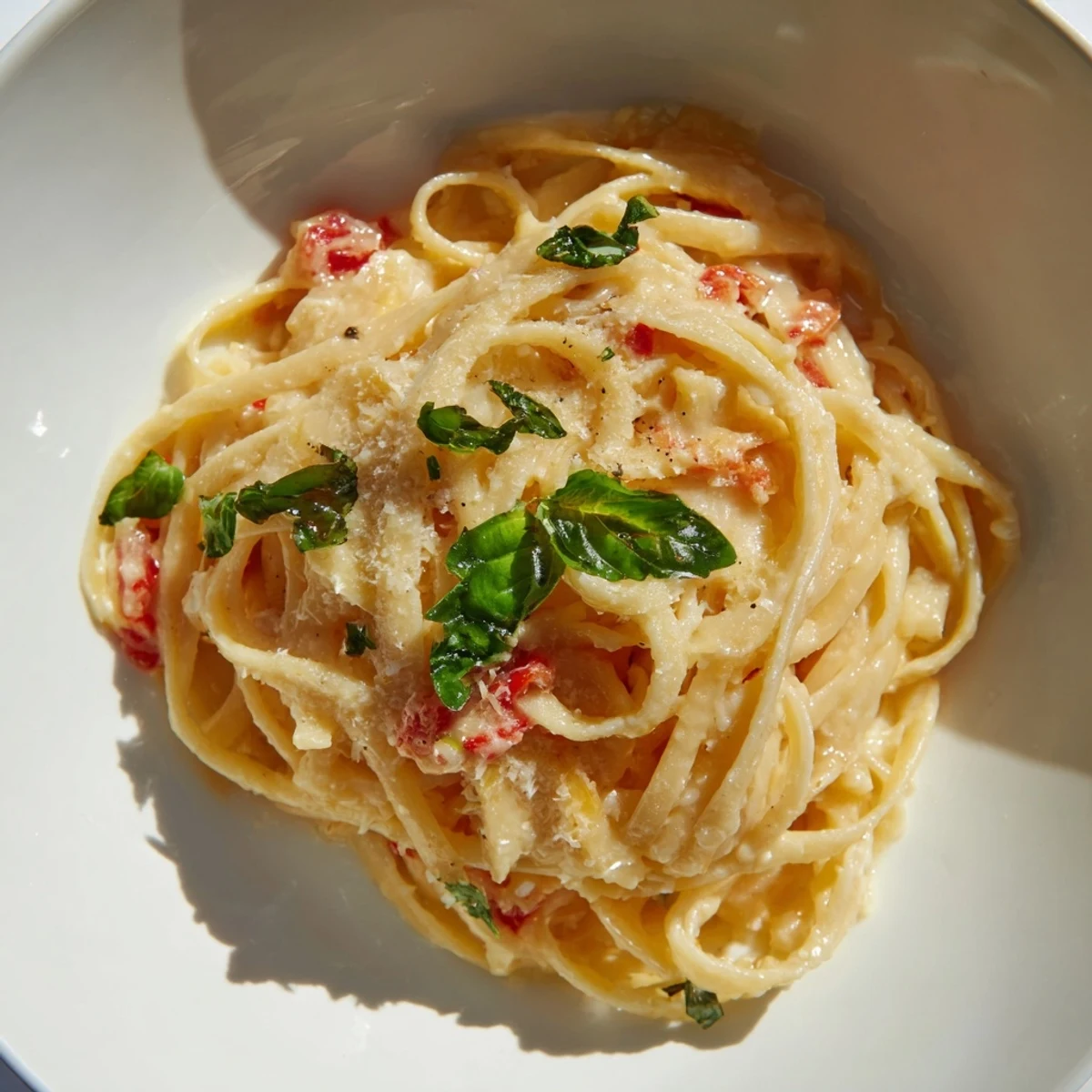 A close-up of creamy roasted garlic pasta sauce, glistening and ready to toss with spaghetti.