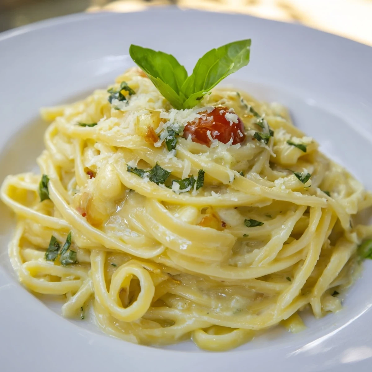 Steaming plate of roasted garlic pasta sauce: a comforting Italian vegetarian dinner idea.