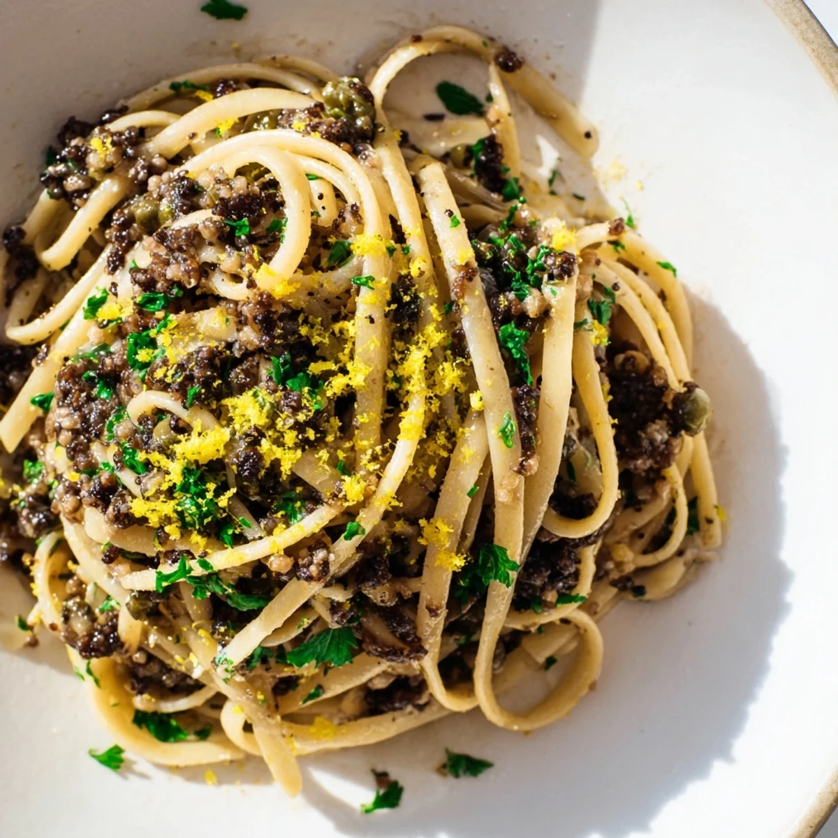 Plate of Olive Tapenade Pasta, served and ready to enjoy, with bright lemon zest and parsley garnish.