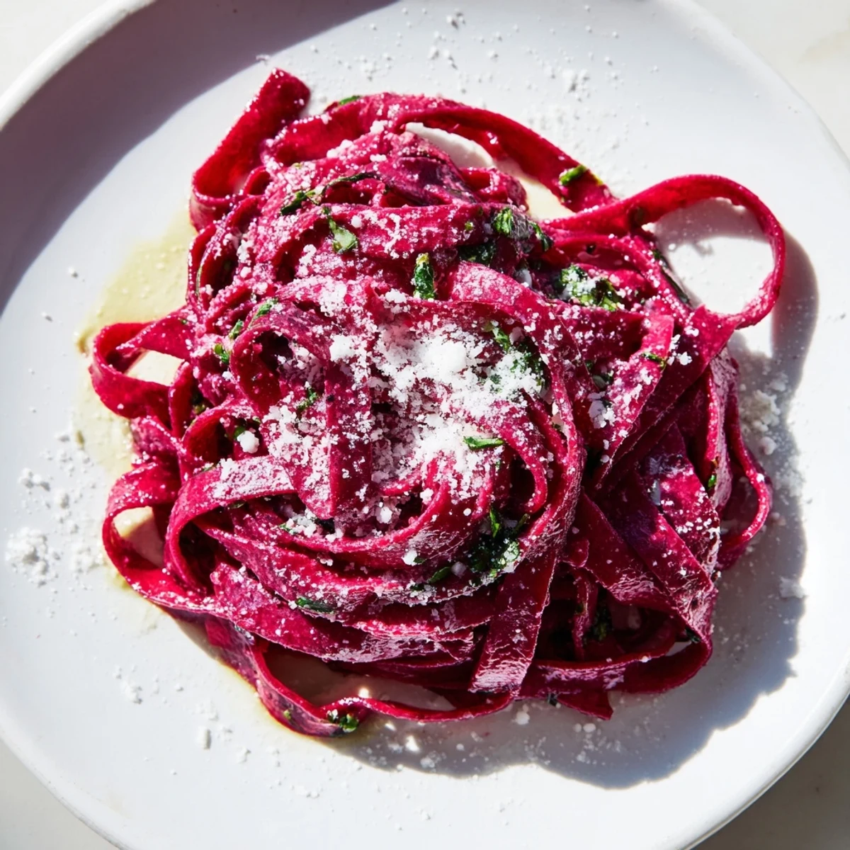 Close-up on the perfectly cooked Beet Noodle Pasta, tossed in butter and herbs, a delicious vegetarian dish.