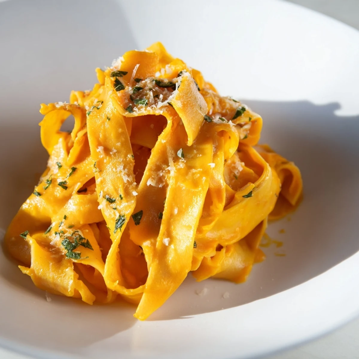 Creamy butternut squash pasta, a golden dish with Parmesan, ready for a delicious dinner.