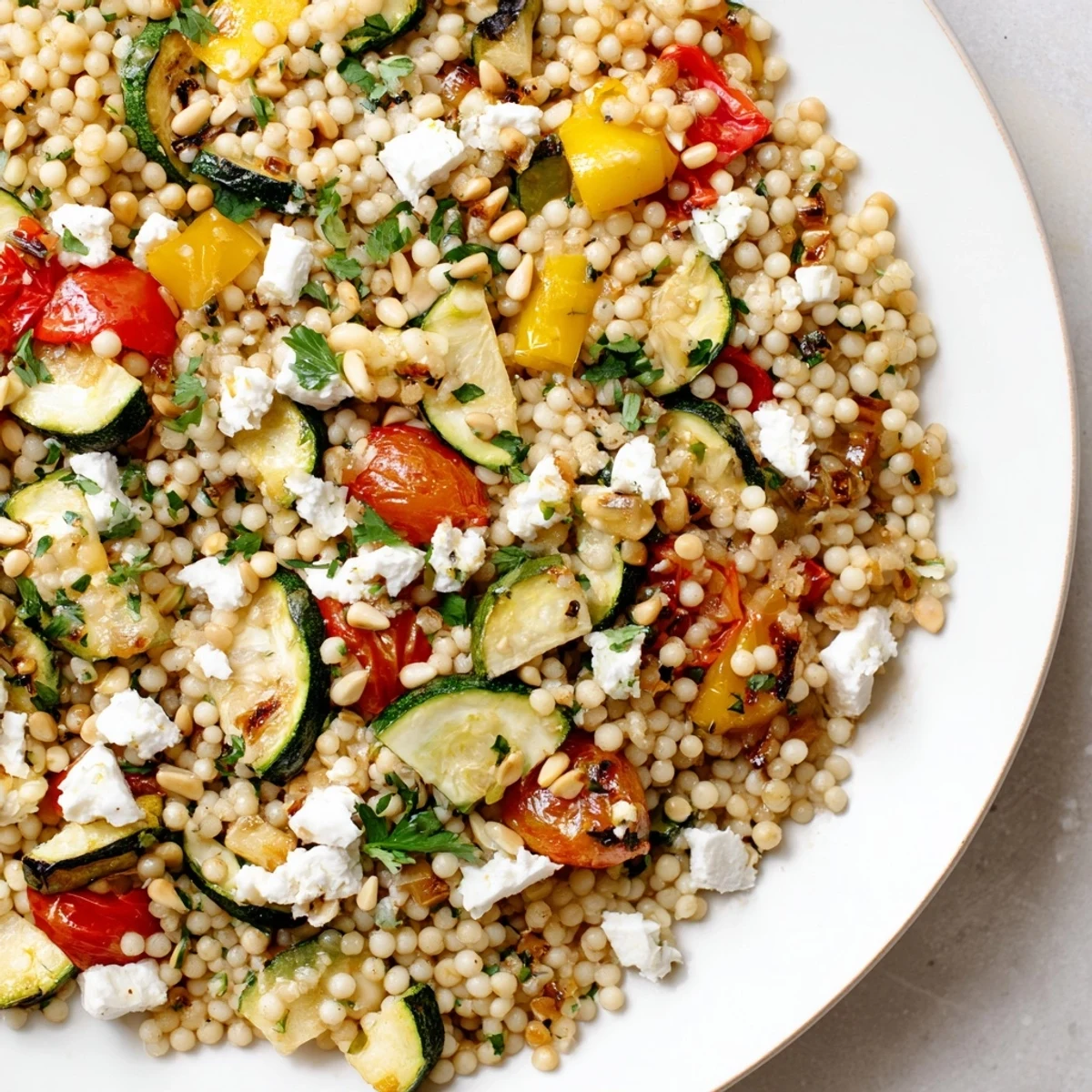 Roasted Veggie Couscous Salad with colorful zucchini, peppers, and tomatoes tossed in zesty lemon dressing.