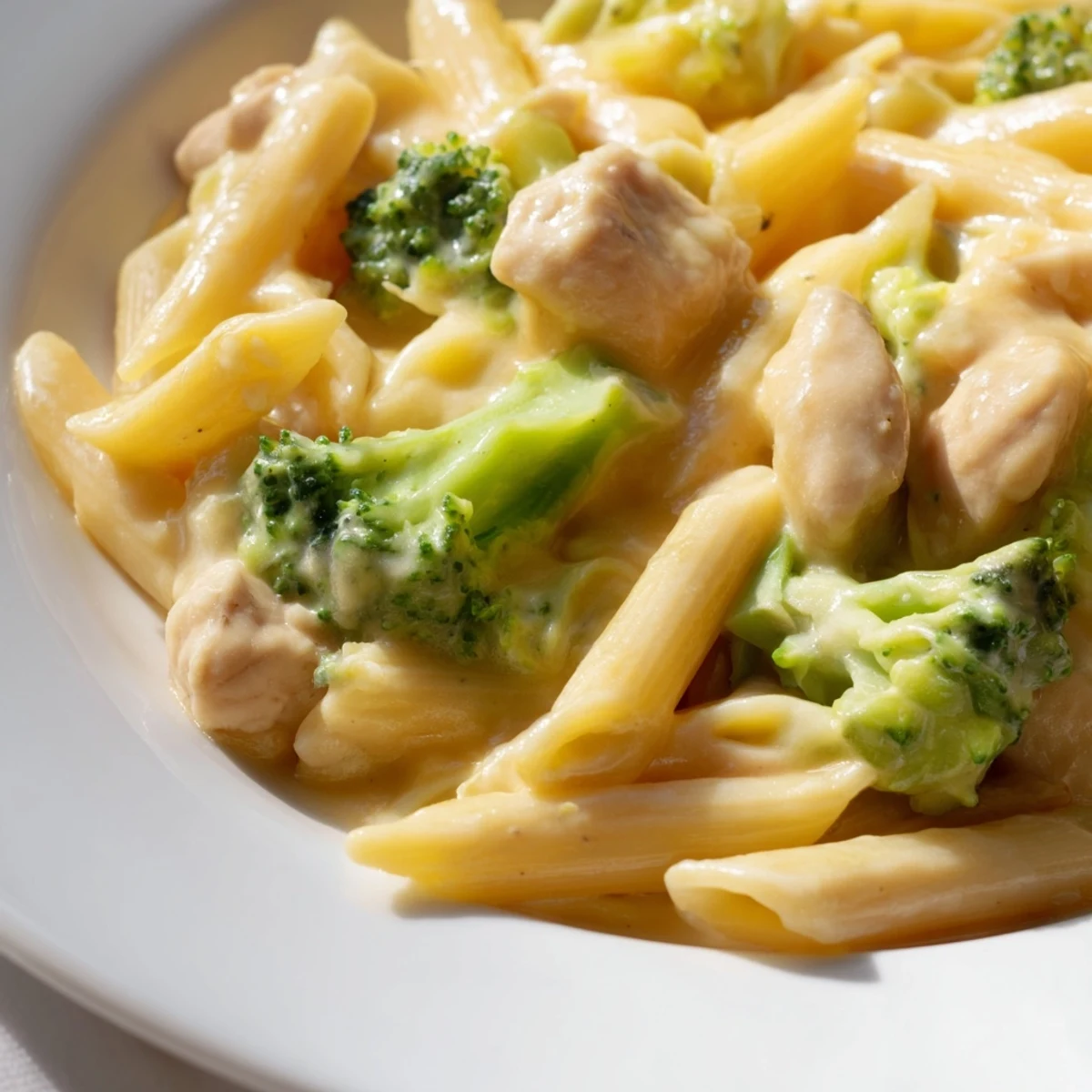 Creamy chicken broccoli cheddar pasta in a skillet, with tender chicken pieces, bright green broccoli florets, and a rich, velvety cheddar sauce coating every noodle.  