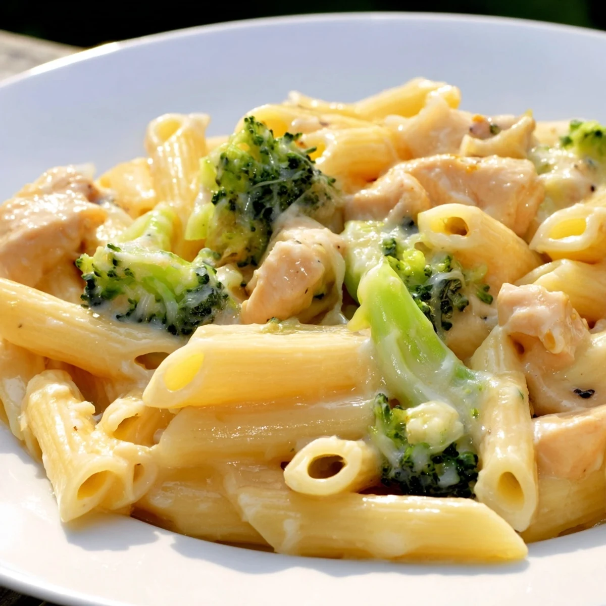 Golden, saucy chicken broccoli cheddar pasta in a white bowl, ready to serve alongside a crisp green salad or warm garlic bread for a comforting American meal.
