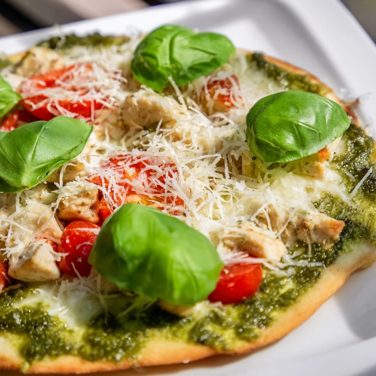 Freshly baked Chicken Pesto Pizza on a white ceramic platter, topped with tender shredded chicken, melted cheese, and bright green basil leaves.  