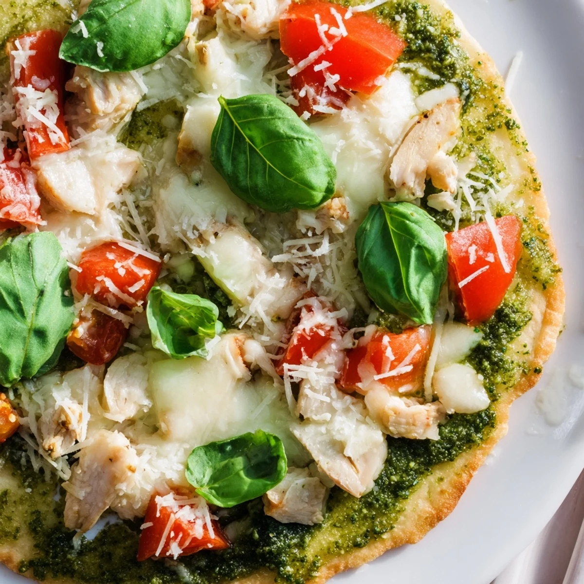 Golden-brown Chicken Pesto Pizza, its thin crust bubbling with mozzarella, vibrant basil pesto, and juicy tomato slices on a rustic wooden board.  