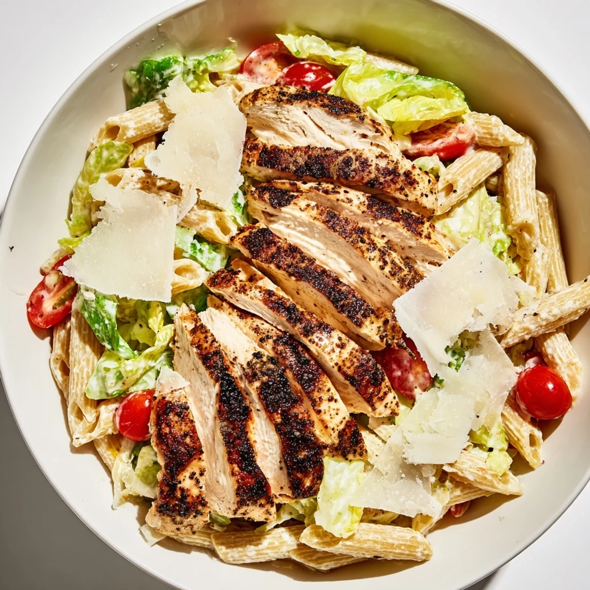 Vibrant bowl of Spicy Chicken Caesar Pasta with grilled slices, creamy dressing, romaine, and cherry tomatoes.