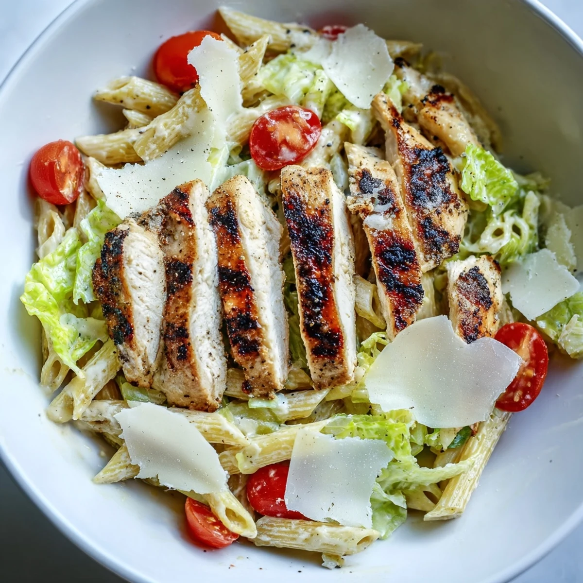 Hearty Spicy Chicken Caesar Pasta served with zesty lemon wedges, crisp romaine, and a drizzle of Caesar.