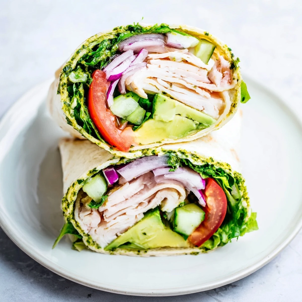 Freshly grilled chimichurri chicken salad wrap bursting with herbaceous parsley and cilantro flavors.  