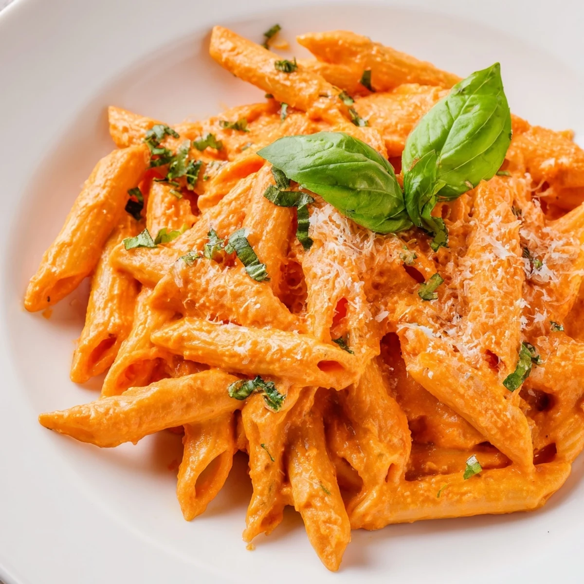 Creamy Roasted Red Pepper Pasta showcases penne coated in a velvety, bright orange sauce flecked with fresh basil leaves.
