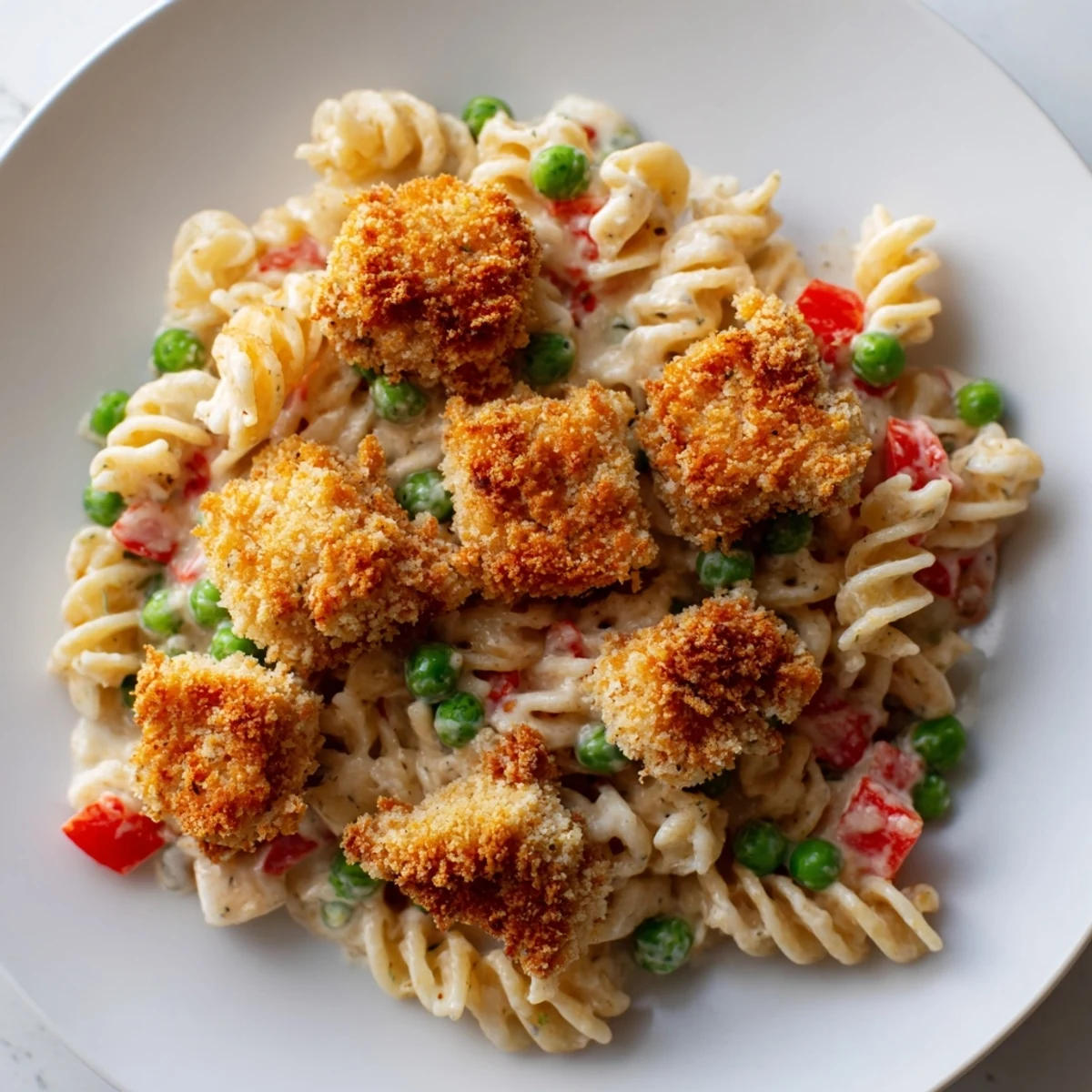 Golden-brown crispy chicken pieces, tender pasta, and bright red bell peppers tossed in a creamy ranch dressing for a vibrant Crispy Chicken Ranch Pasta Salad.