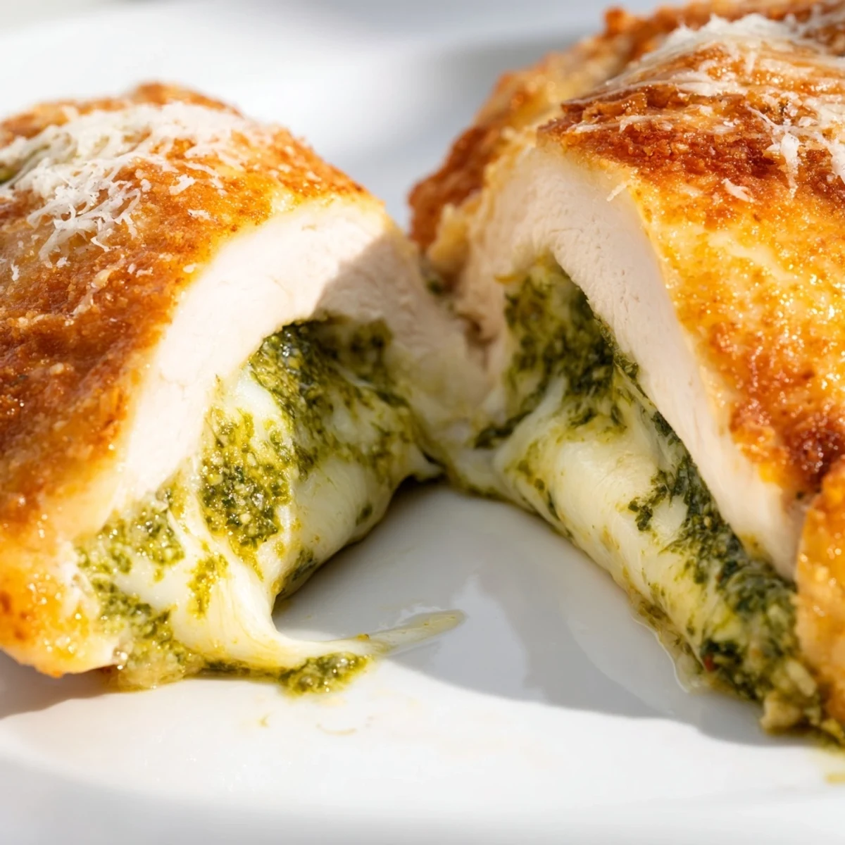 Golden-brown Mozzarella & Pesto Stuffed Chicken breasts resting on a white plate, showcasing melted cheese and fragrant basil pesto filling.