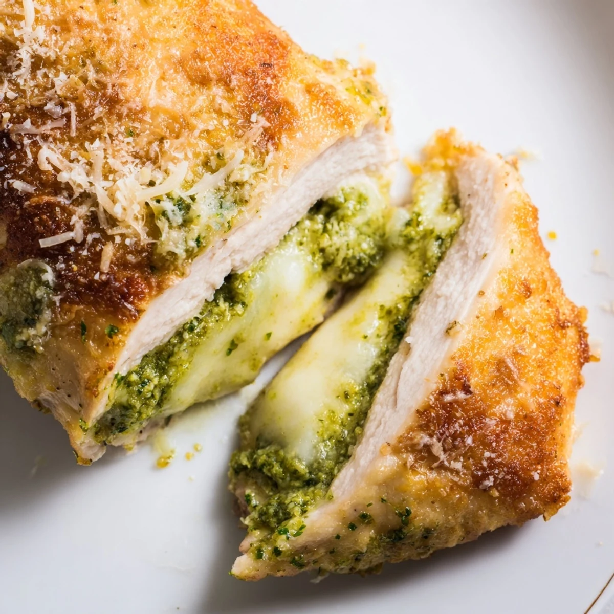 Sliced Mozzarella & Pesto Stuffed Chicken revealing juicy interior and creamy mozzarella melted with aromatic basil pesto, ready for dinner.