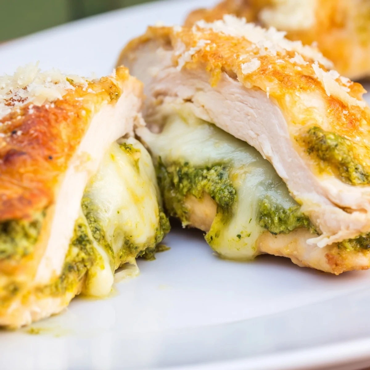 A close-up of Mozzarella & Pesto Stuffed Chicken with bubbly Parmesan topping and fresh basil garnish, served alongside a colorful salad.