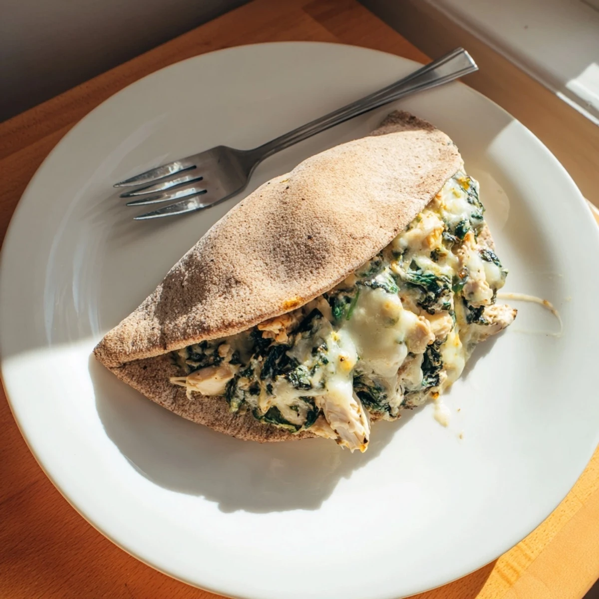 Golden-brown baked pita pockets stuffed with creamy spinach artichoke chicken, melted mozzarella, and a bright lemon garnish on a wooden board.