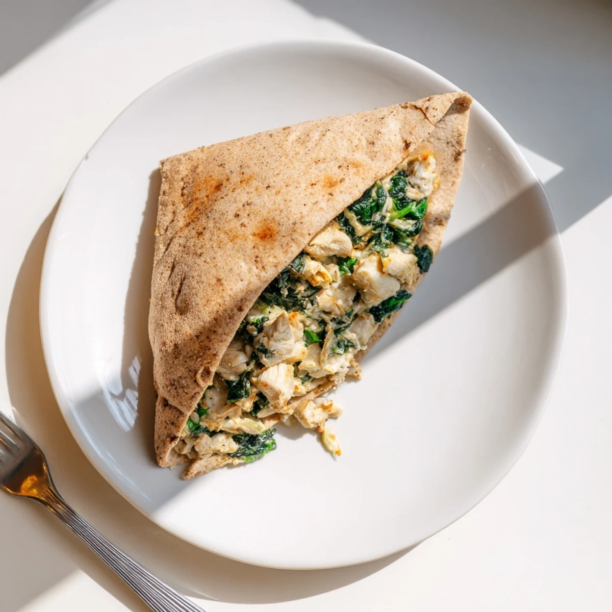 Freshly baked spinach artichoke chicken stuffed pita resting on a rustic plate with lemon wedges and parsley, ready to enjoy.