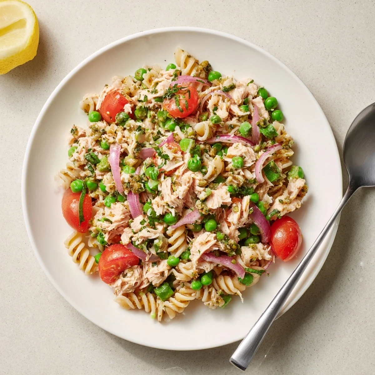 Large mixing bowl of Lemony Tuna Pasta Salad featuring flaky tuna, red onion, and cherry tomatoes with a lemony olive oil dressing.