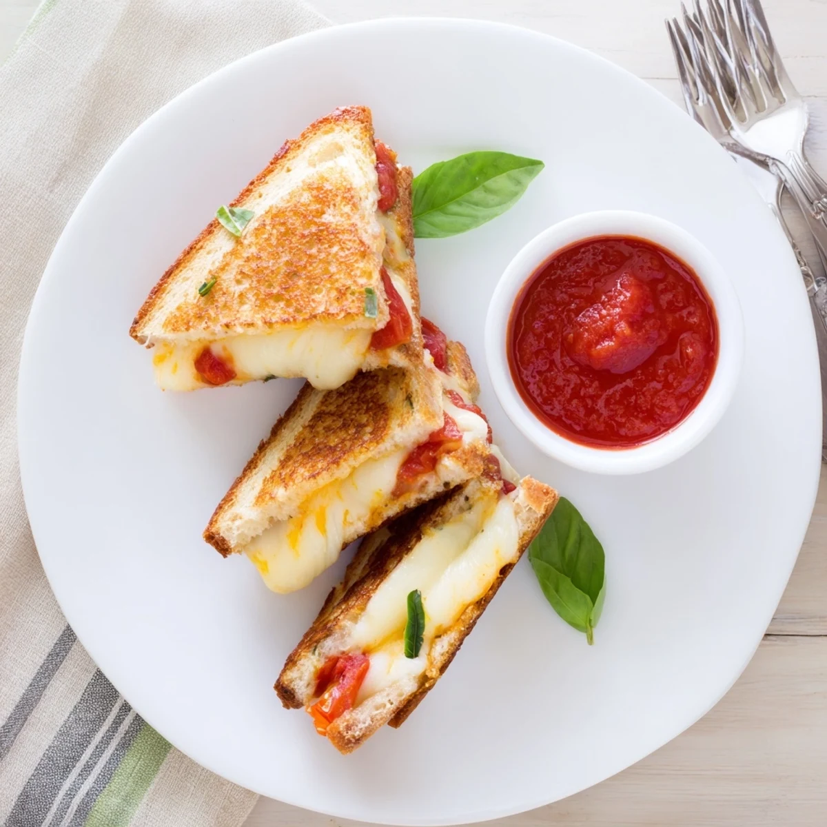 Close-up of Caprese Grilled Cheese Dippers showing melted mozzarella and basil between crispy sourdough, perfect for dipping in warm marinara.
