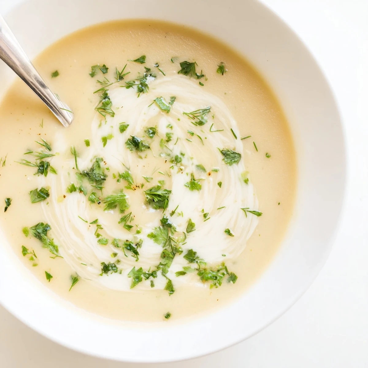 Rustic bowl of Parsnip and Herb Soup served beside crusty bread and fresh herb sprigs.
