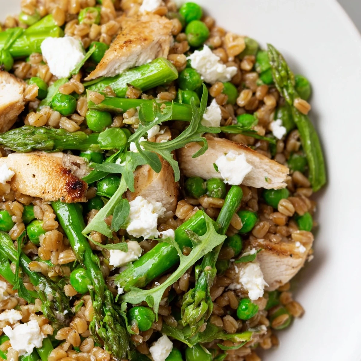 Grilled chicken and tender farro mingle with blanched asparagus and peas in this vibrant Warm Spring Farro Chicken Salad, tossed in a bright lemon vinaigrette.