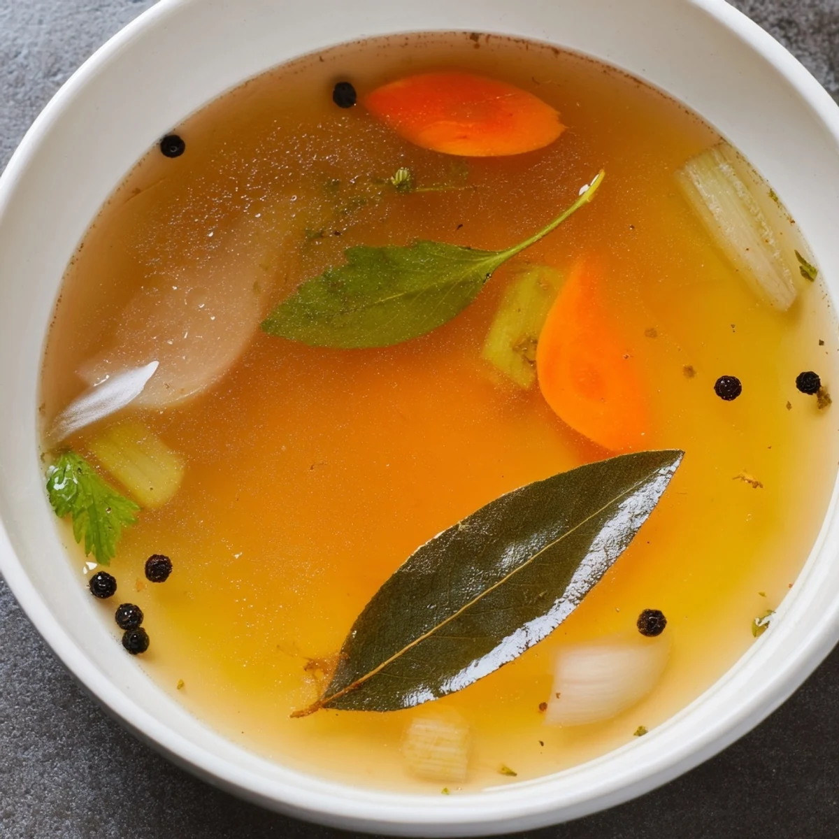 Homemade Vegetable Broth From Scraps poured into a ceramic bowl, garnished with parsley and cracked black pepper.