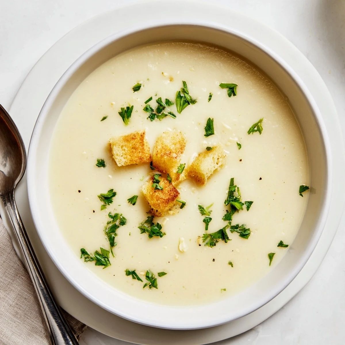A close-up of creamy roasted garlic soup in a rustic bowl, topped with fresh parsley and optional croutons for a comforting, gluten-free meal.