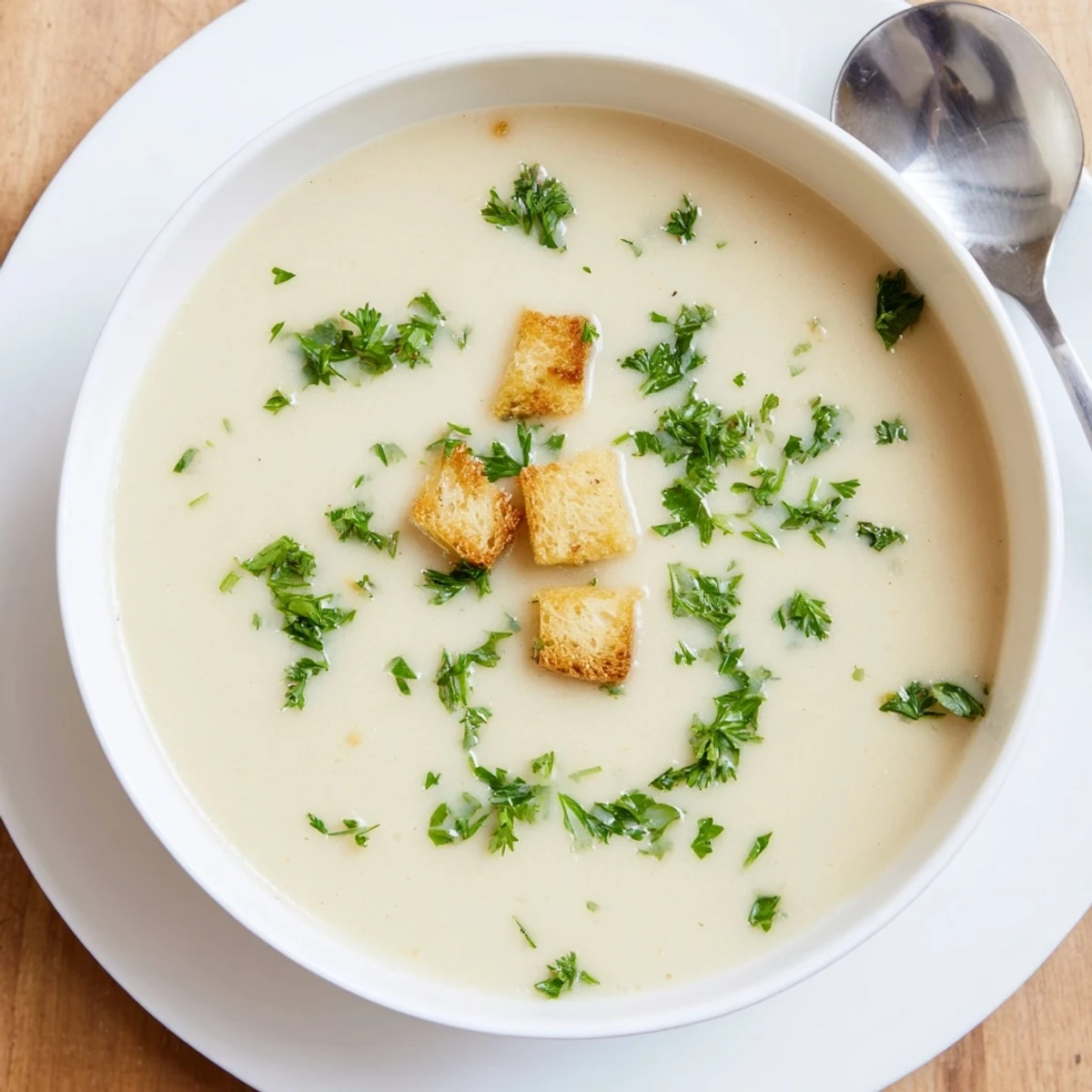 A ladle pours rich roasted garlic soup into a white bowl, highlighting the creamy consistency and fresh parsley garnish, ready to serve.