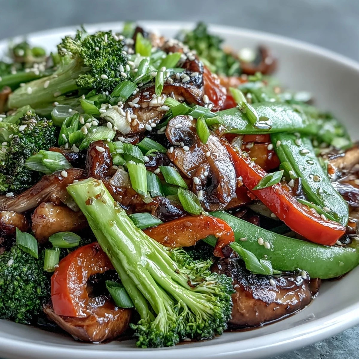 Colorful Ginger Stir-Fried Vegetables, crisp-tender and fragrant, served hot with green onions.