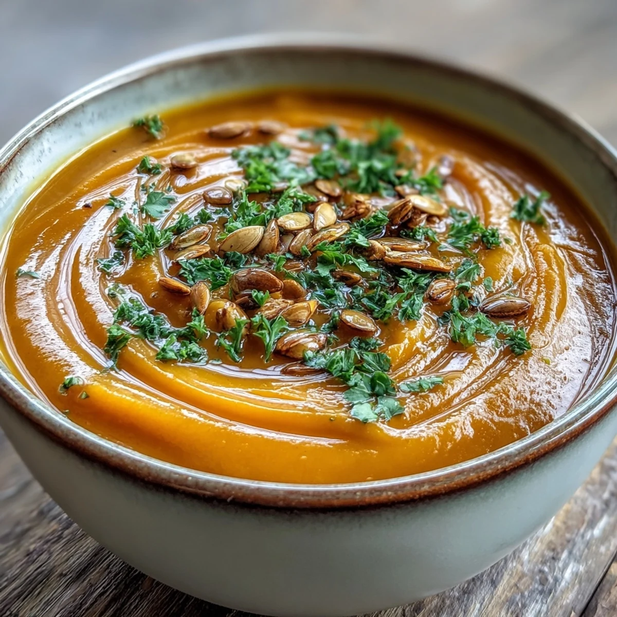 Velvety butternut squash and apple soup, a smooth autumn delight ready to serve.